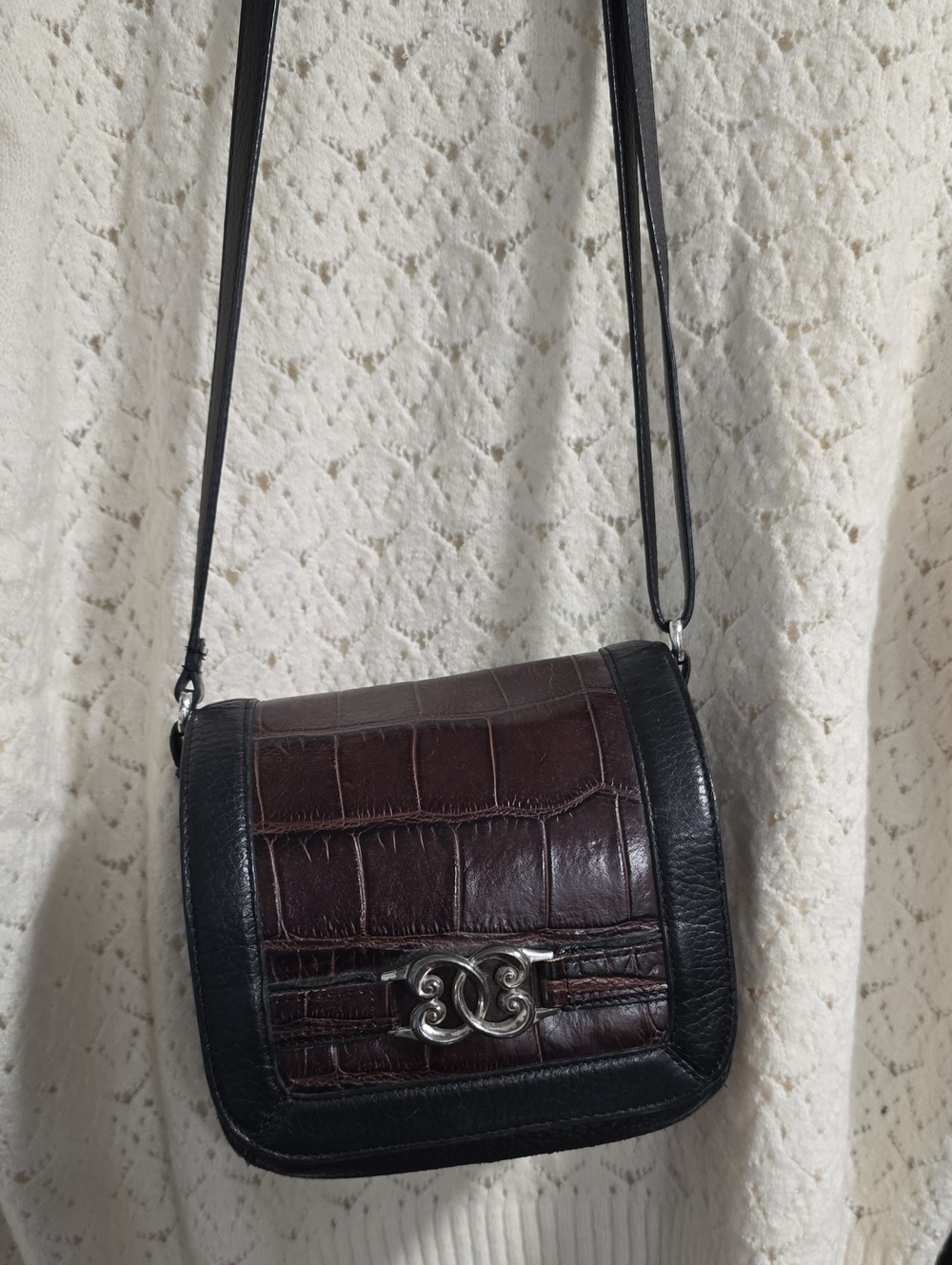 Brighton Black & Brown Croc-Embossed Leather Crossbody Bag